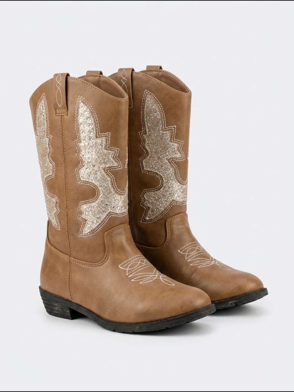 Kensie Girl Tan Boots with Gold Glitter Western Stitch